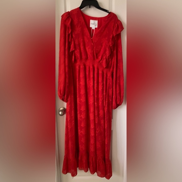 Red Long Sleeve Ruffle Dress size-Large - Picture 1 of 9